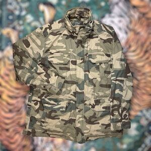 LL Bean Camo Field Jacket Military Parka Full Zip Coat Lined Outdoor Green XL